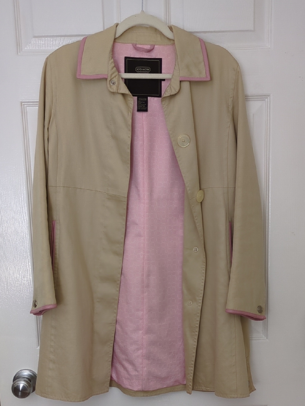 Coach Beige Trench Coat with Pink Trim and Lining - Size 6